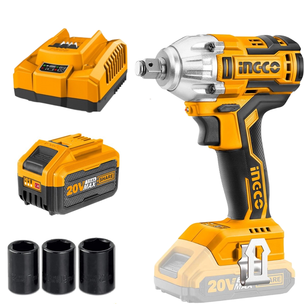 Ingco – Li-Ion Cordless Impact Wrench with Fast Charger and 7.5Ah Battery