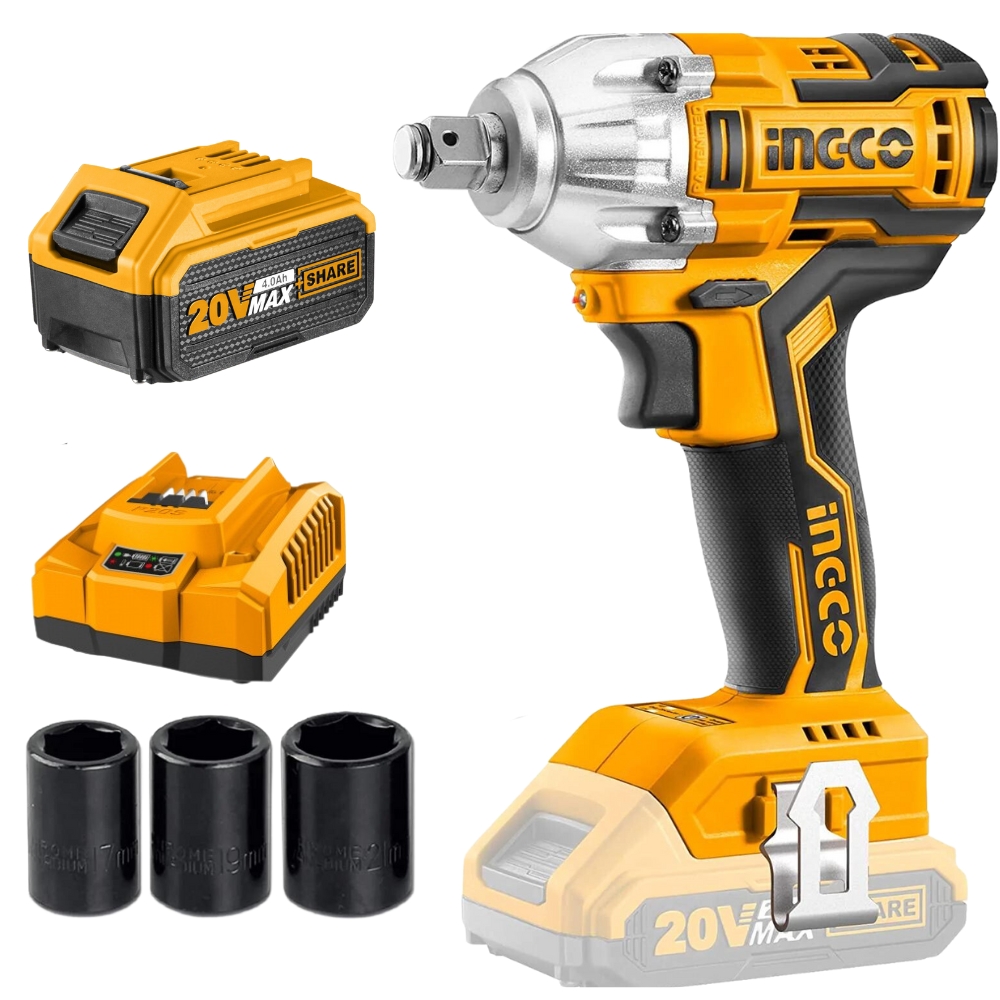 Ingco – Li-Ion Cordless Impact Wrench with Fast Charger and 4.0Ah Battery
