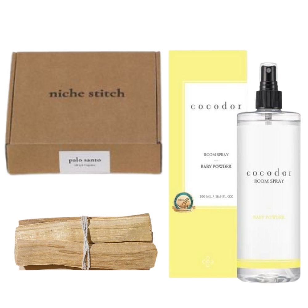 Niche Stitch – Palo Santo Incense Gift Set with Room Spray – Baby Powder