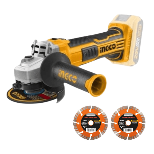Ingco – Cordless Lithium-Ion Angle Grinder – Solo with 2 Diamond Cutting Bl