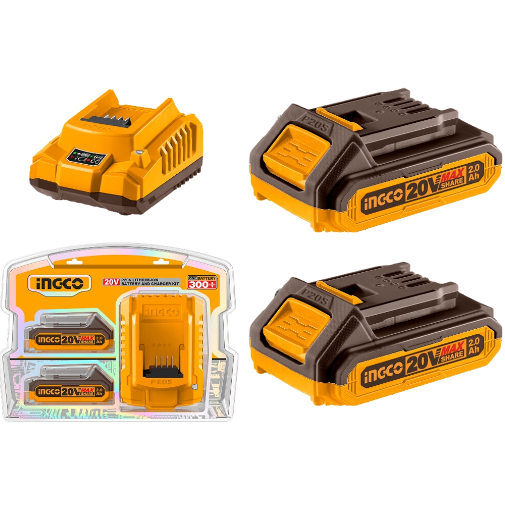 Ingco – Two 20V 2.0Ah Lithium-Ion Battery Pack and Charger Kit