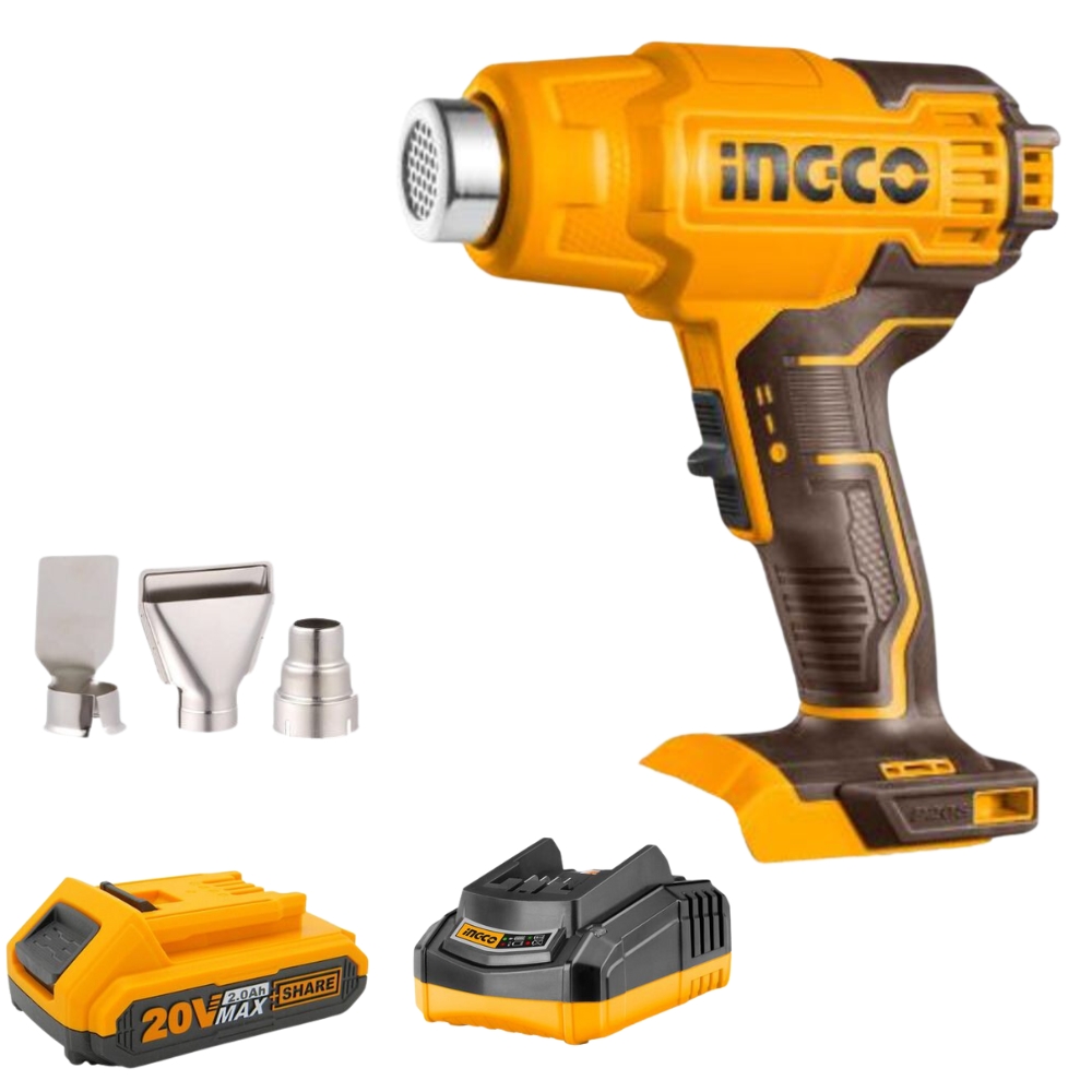 Ingco – Cordless Heat Gun 20V with 3 Nozzle with 2.0Ah Battery and Charger