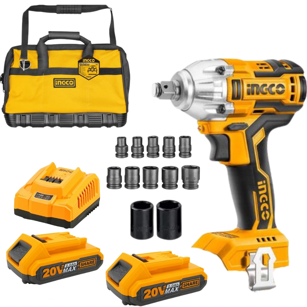 Ingco – Cordless Impact Wrench with Accessories, Socket Set and Toolbag