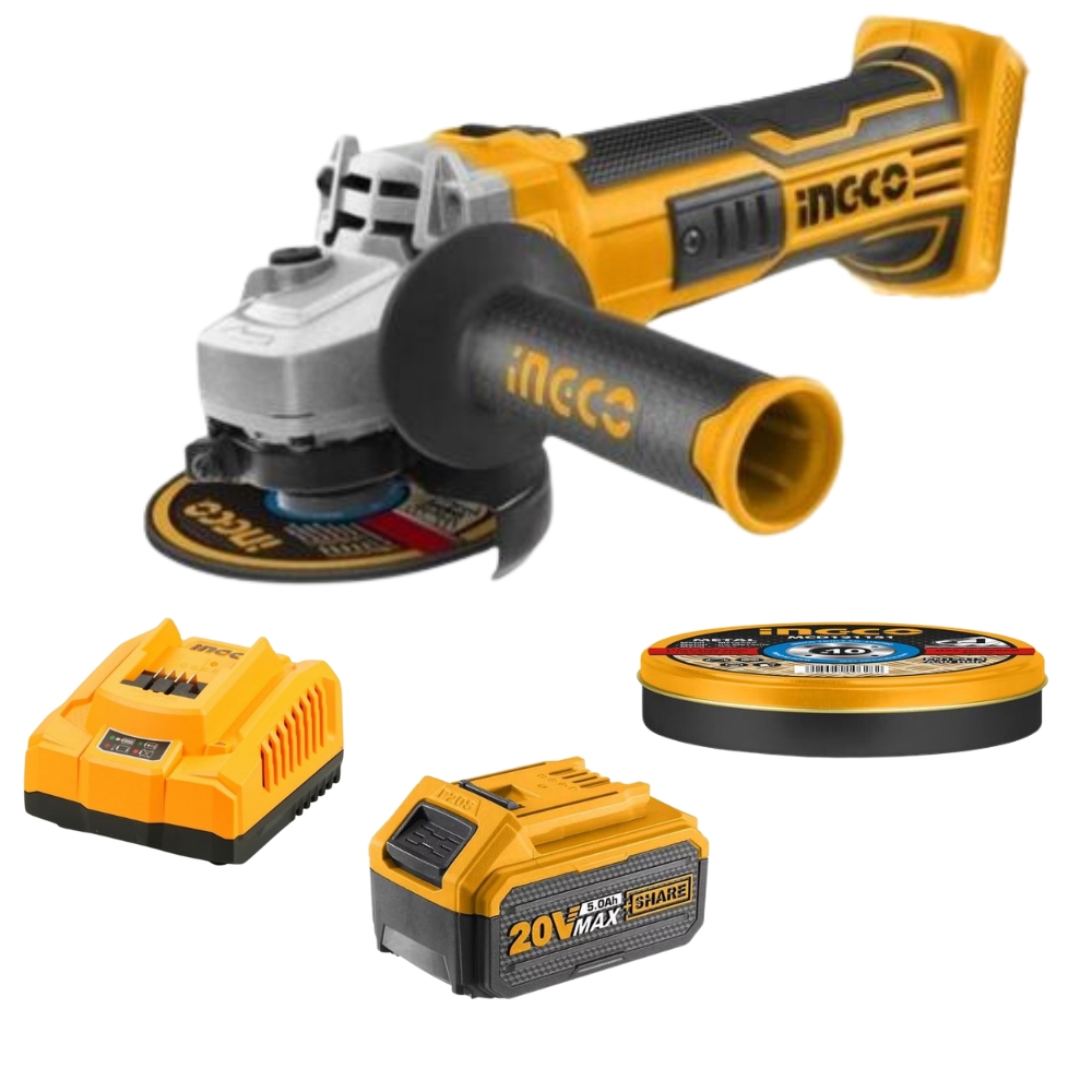 Ingco – Cordless Angle Grinder with Cutting Discs, 5Ah Battery & Charger