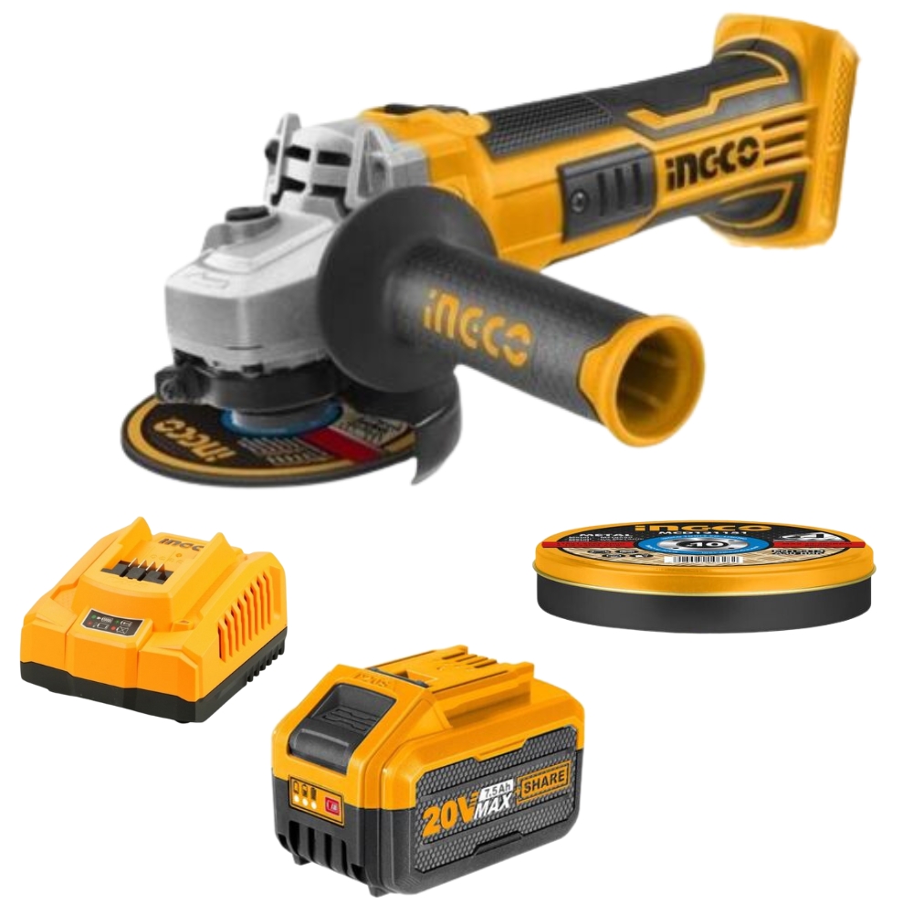 Ingco – Cordless Angle Grinder with Cutting Discs, 7.5Ah Battery & Charger