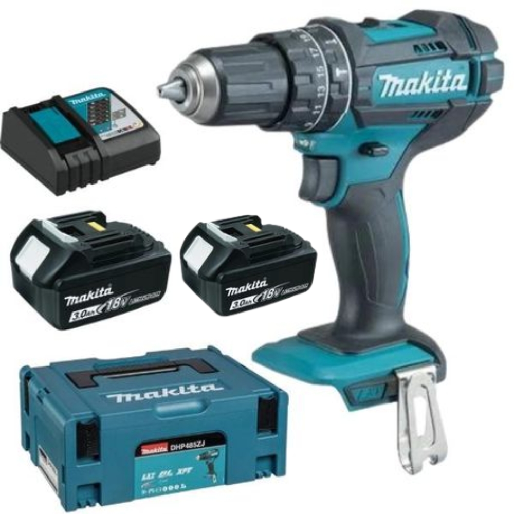 Makita – Cordless Impact Drill DHP485ZJ, 2 x 3.0 Ah Battery, Charger & Case