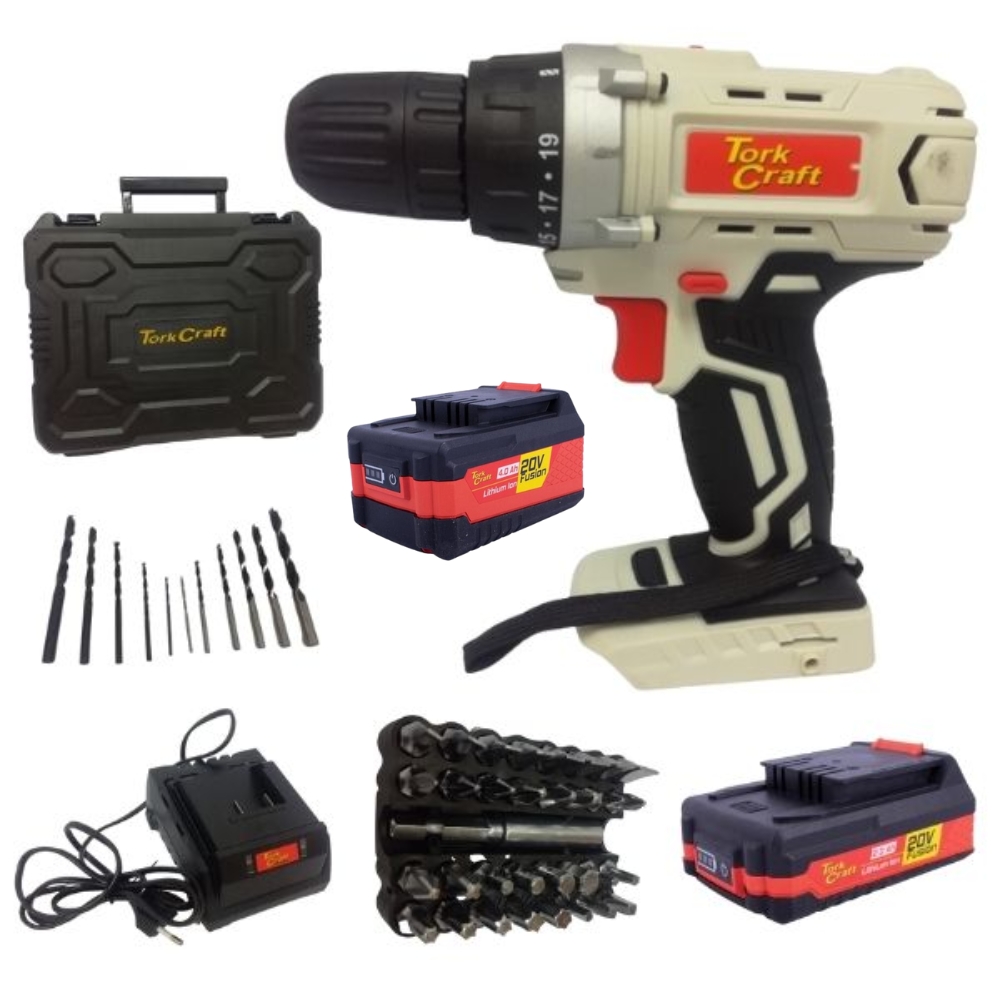 Tork Craft – Cordless Drill, 2.0Ah, Charger, Drill Bits with 4.0Ah Battery