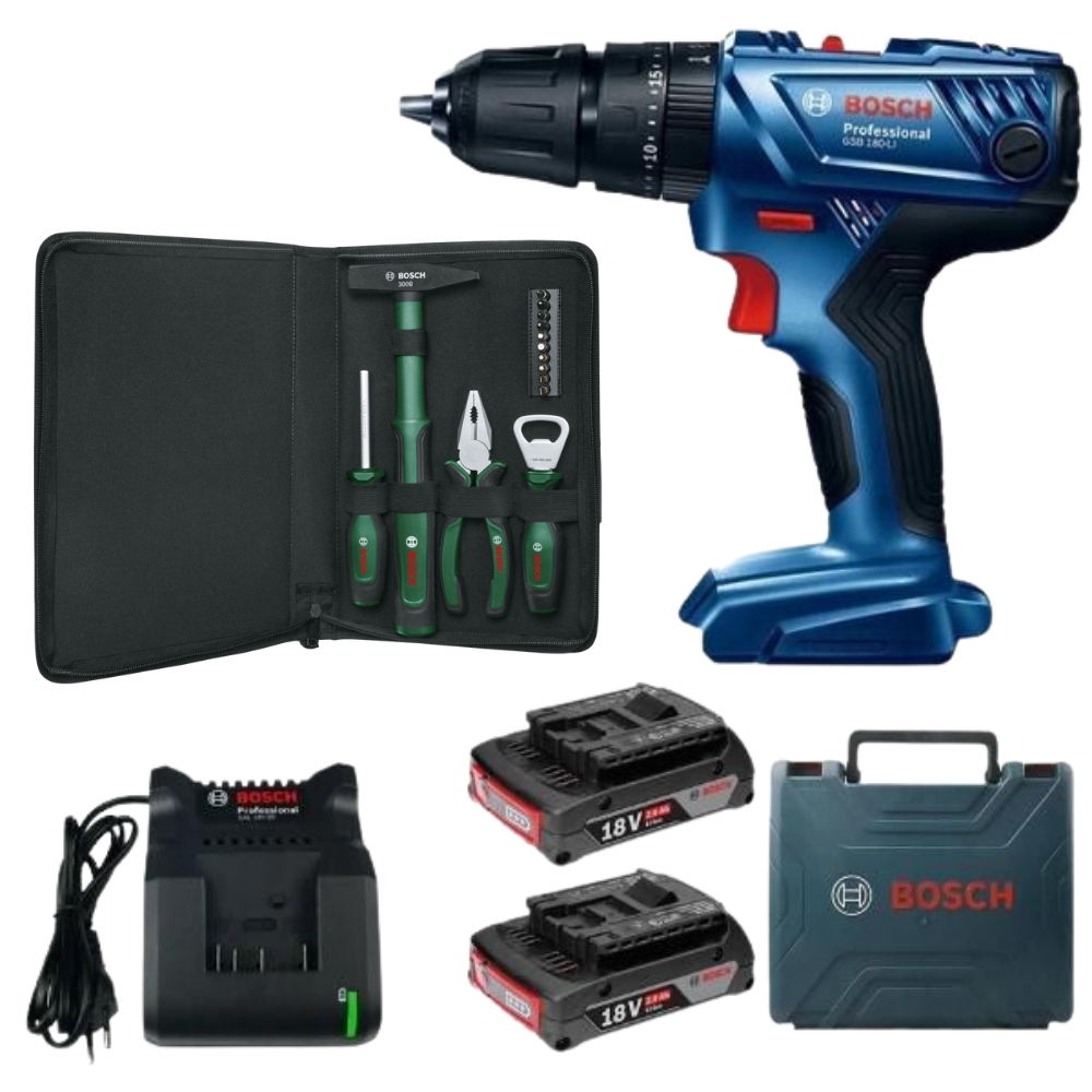 Bosch – GSB 180-LI Cordless Impact Drill with Easy Starter Hand Tool Set/V2