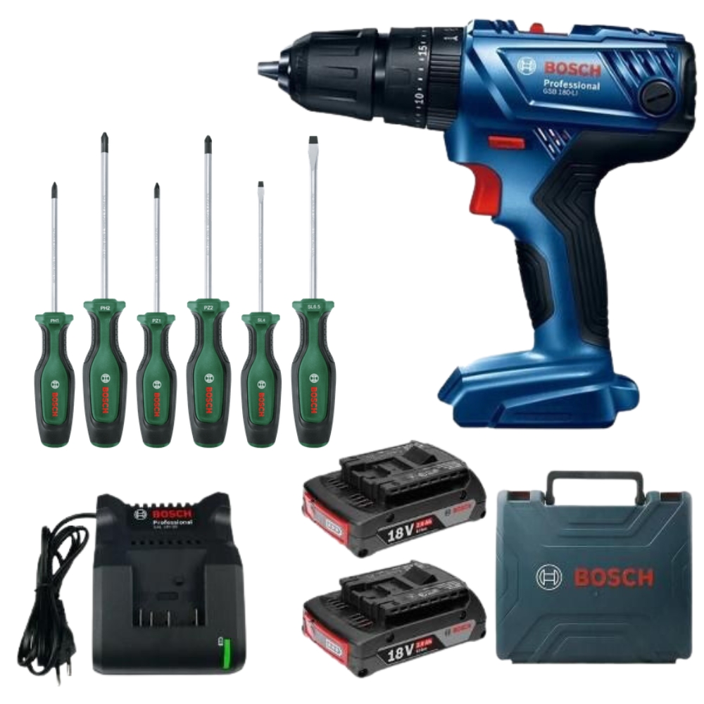 Bosch – GSB 180-LI Cordless 18v Impact Drill with Screwdriver Set – 6Pc