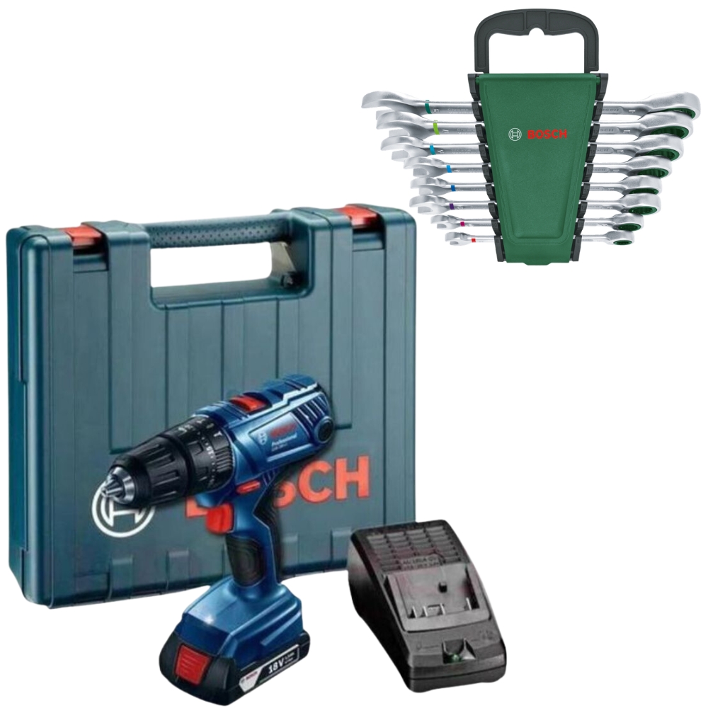 Bosch – GSB180-LI Cordless Drill with 8 Piece – Ratchet Combination Wrench Set