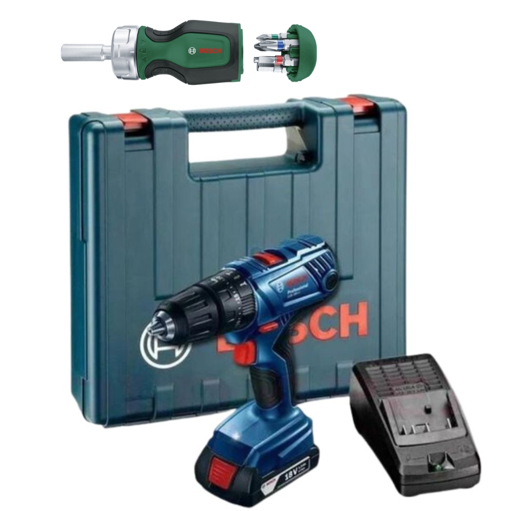 Bosch – GSB180-LI Cordless Drill with Stubby Ratchet Screwdriver (6 Bits)