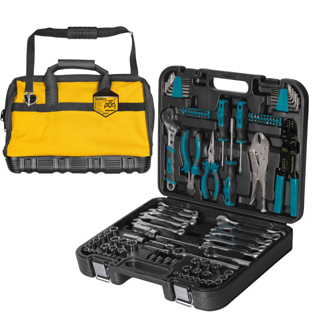 Hard Bottom Tool Bag – 16″ (400mm) with Mechanics Hand Tools Set – 121 Piece