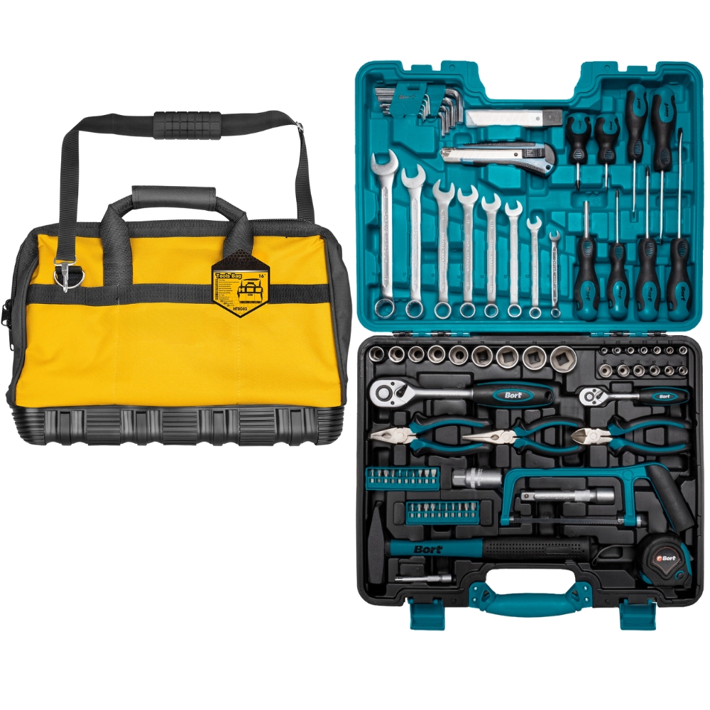 Hard Bottom Tool Bag – 16″(400mm) with Mechanics DIY Hand Tool Set (90 Piece)