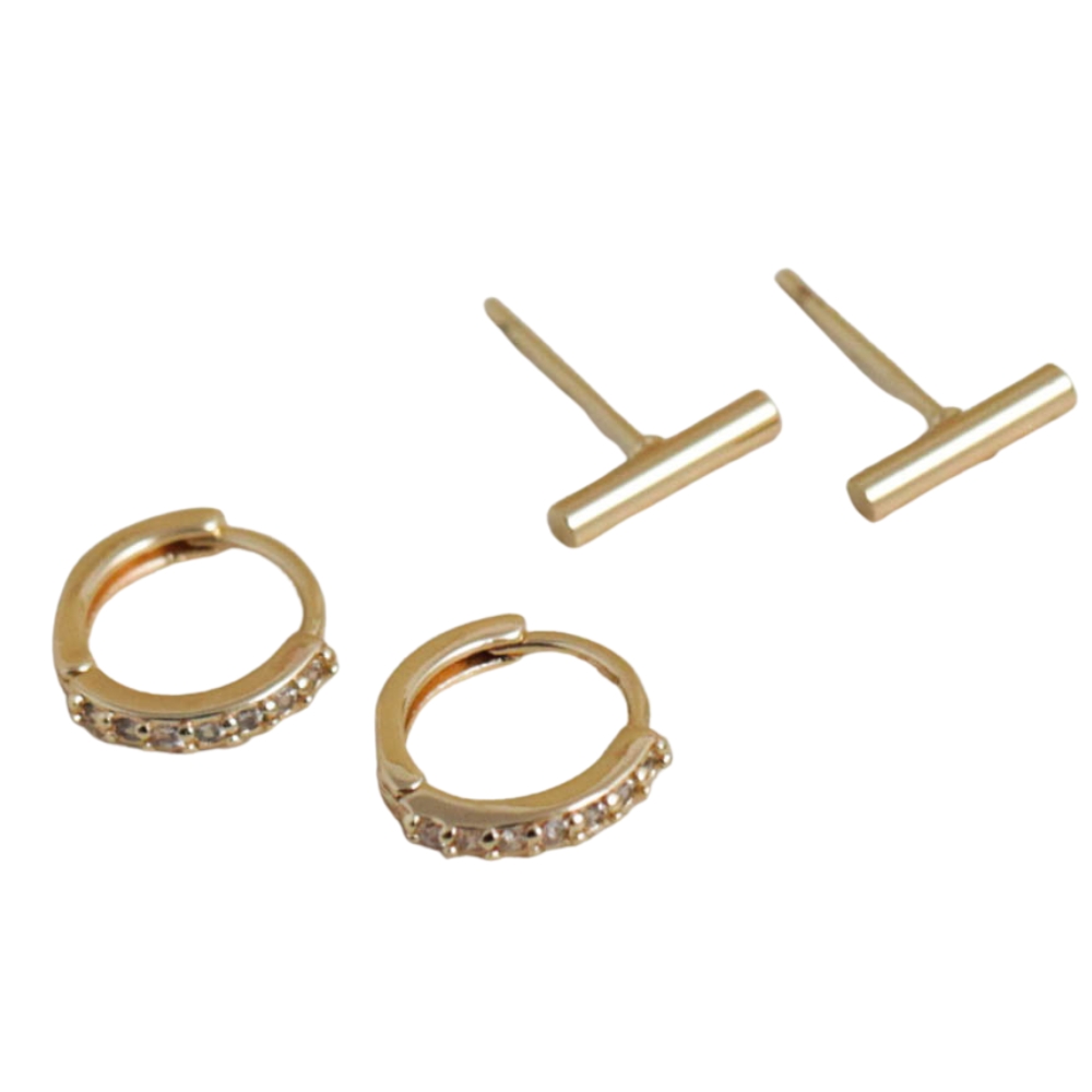 NuLuDa Jewellery- Bar Stud&Huggie Combo – Gold Plated