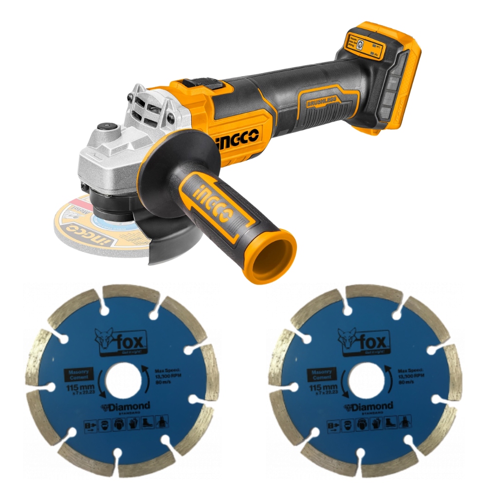Ingco – Cordless Angle Grinder (20V) including 2x Diamond Blades