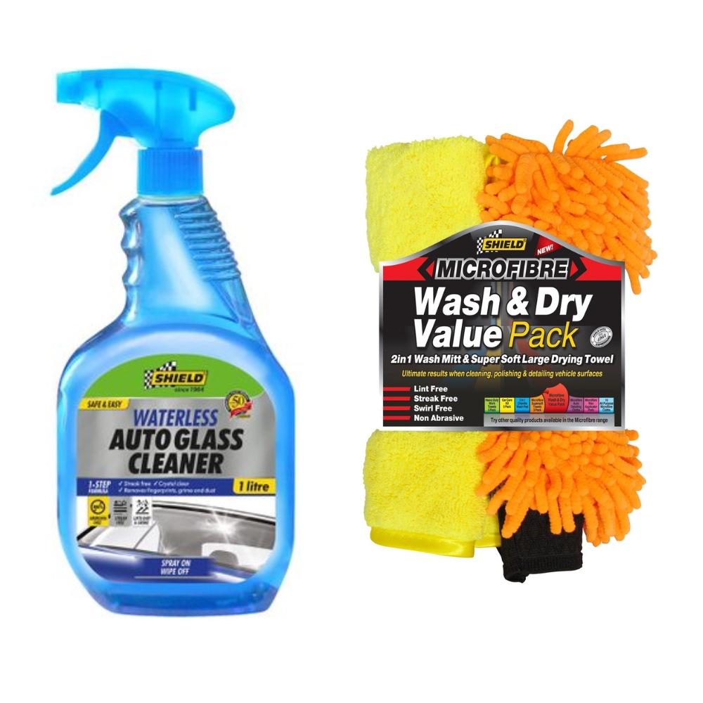 Shield – Waterless Auto Glass Cleaner (1L) & Microfibre Wash `n Dry Pack