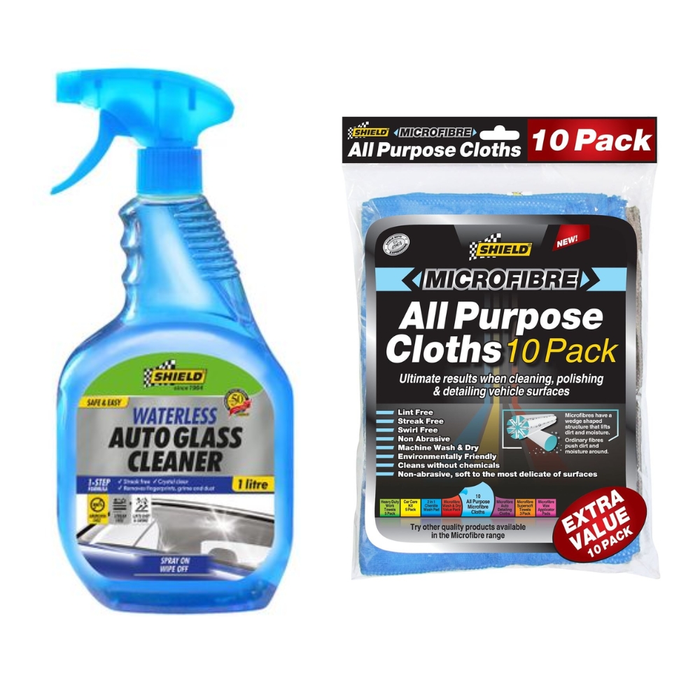 Shield – Waterless Glass Cleaner(1L) & Microfibre All Purpose Cloths-10Pack