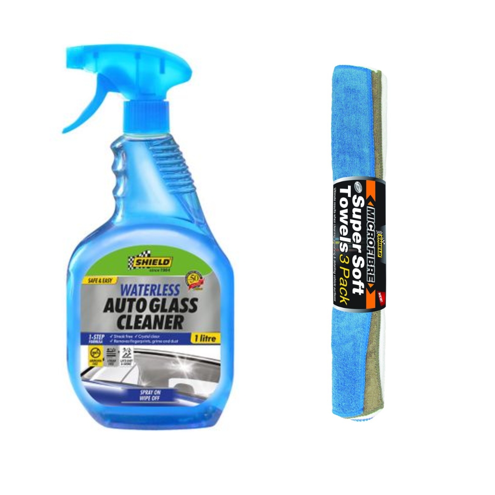 Shield-Waterless Auto Glass Cleaner-1L & Microfibre Super Soft Towels 3Pack
