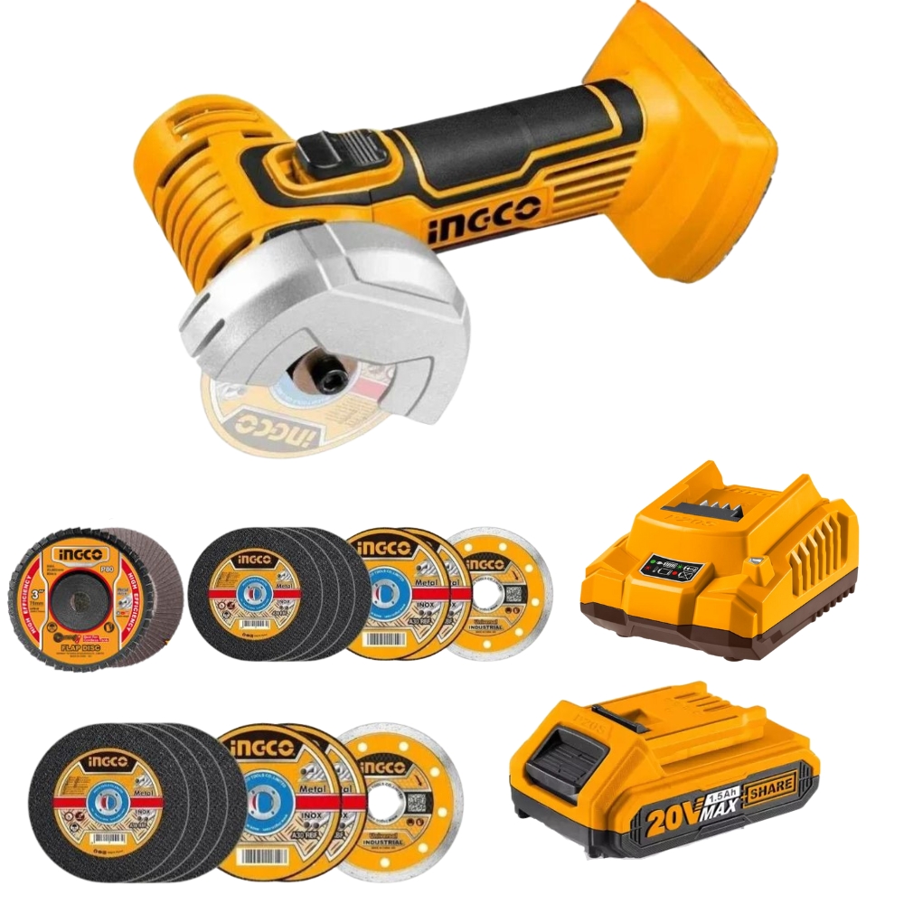 Ingco – Mini Cut-off Tool/Grinder with 1.5Ah Battery, Charger & Mini Discs