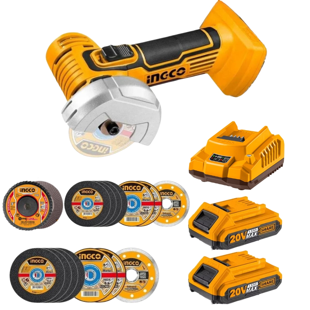 Ingco – Mini Cut-off Tool/Grinder with 2×1.5Ah Battery,Charger & Mini Discs