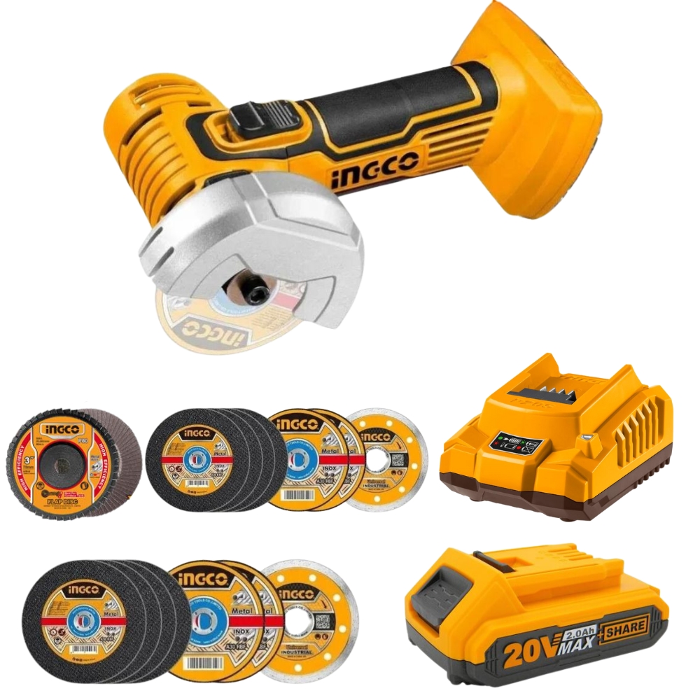Ingco – Mini Cut-off Tool/Grinder with 2.0Ah Battery, Charger & Mini Discs