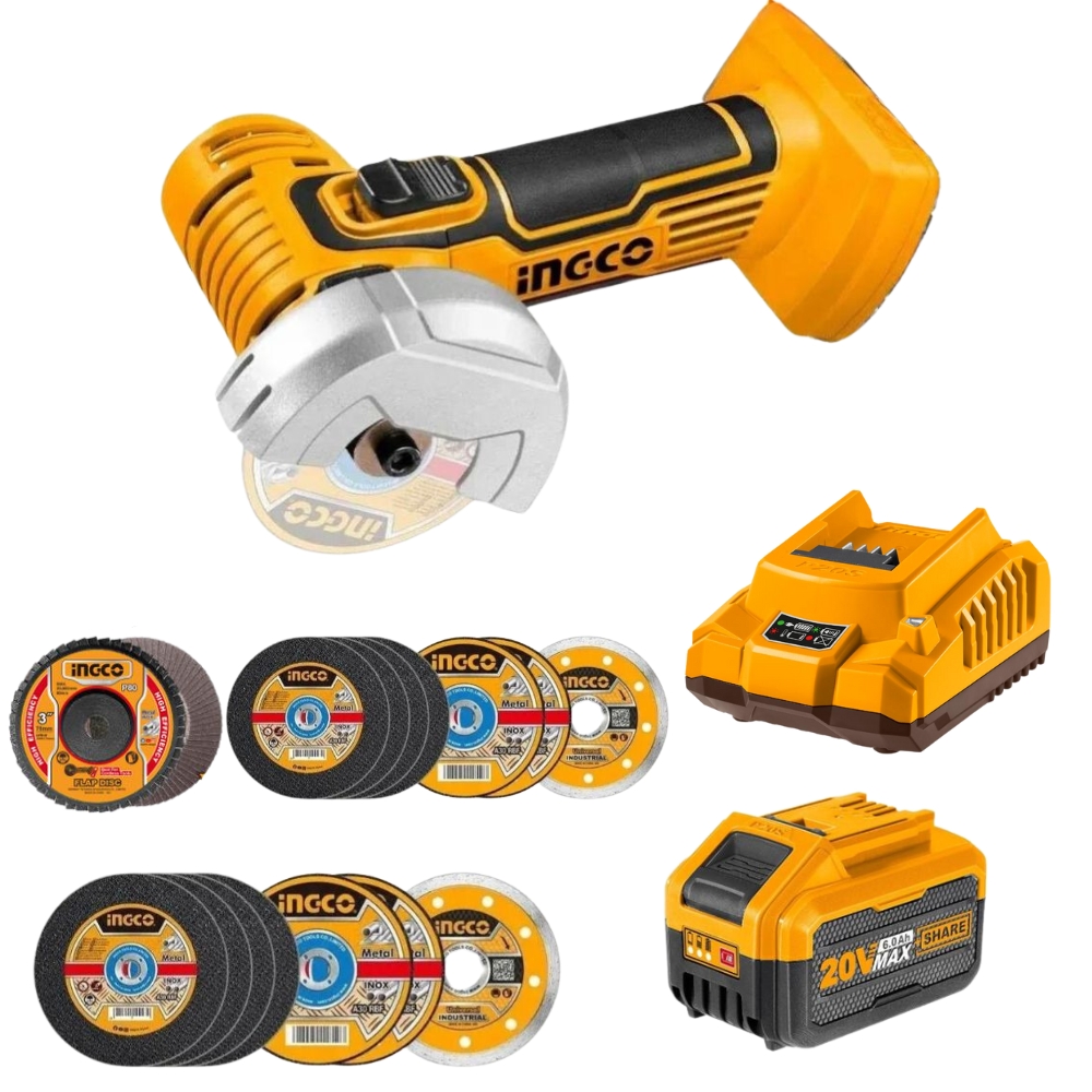 Ingco – Mini Cut-off Tool/Grinder with 6.0Ah Battery, Charger & Mini Discs