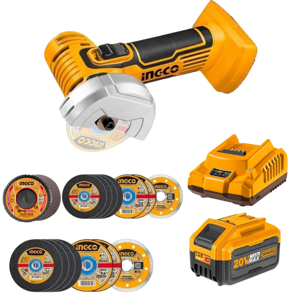 Ingco – Mini Cut-off Tool/Grinder with 7.5Ah Battery, Charger & Mini Discs