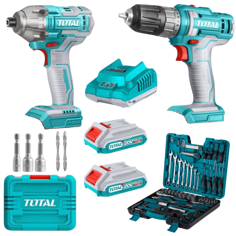 Total – Li-ion Cordless Drill & Impact Driver with DIY Hand Tool Set – 90Pc