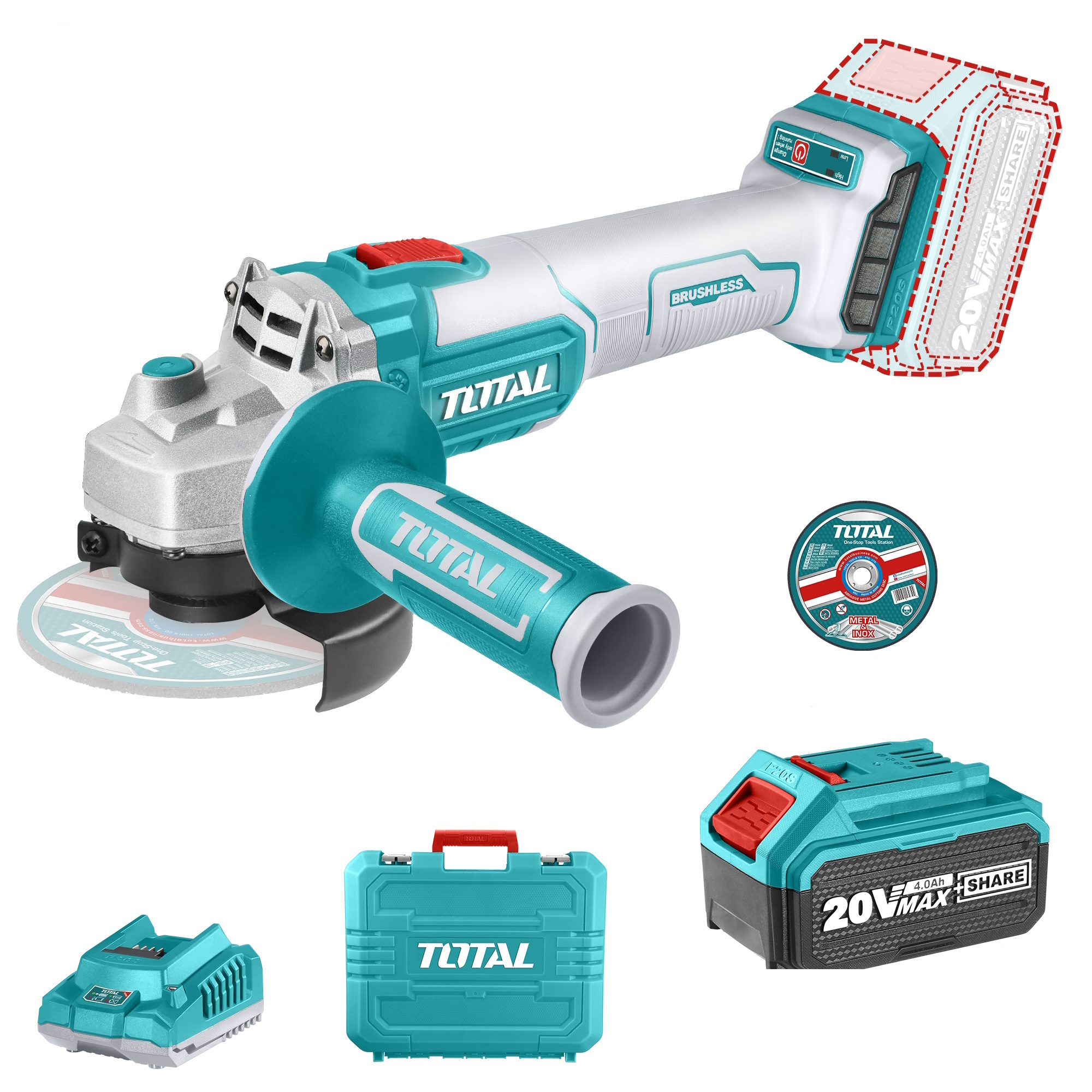 Total Tools 20V Lithium-Ion Brushless Angle Grinder – Battery and Charger