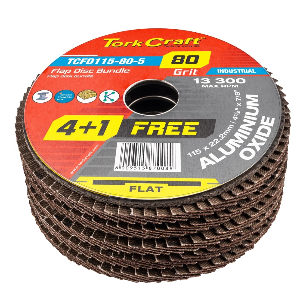 Tork Craft – Flap Sanding Disc 115mm 80 Grit – 4+1 Free