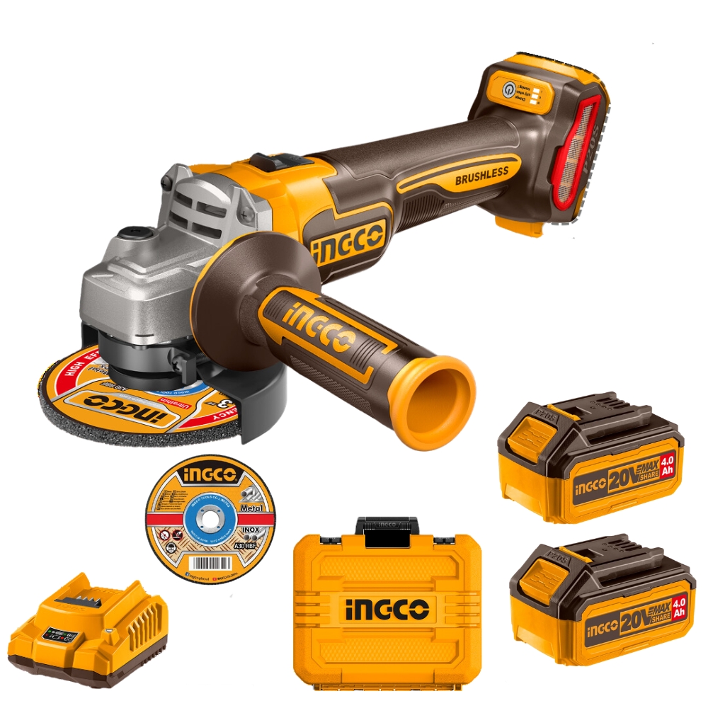 Ingco – Angle Grinder Cordless Kit – 115MM – 2 x 4.0Ah Batteries
