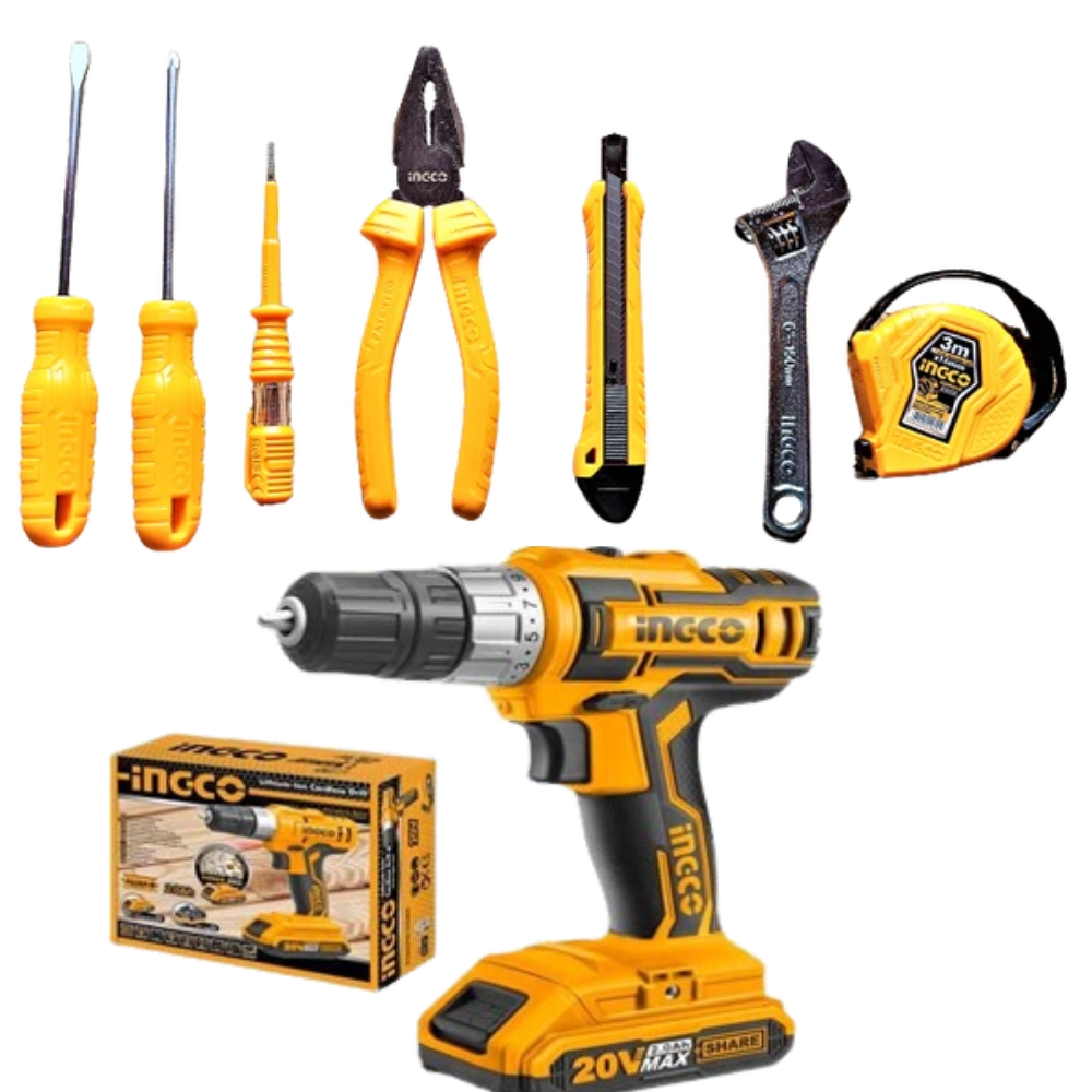 Ingco – Lithium-Ion Cordless Drill (20V) & Hand Tool Set – 7 Piece – Combo