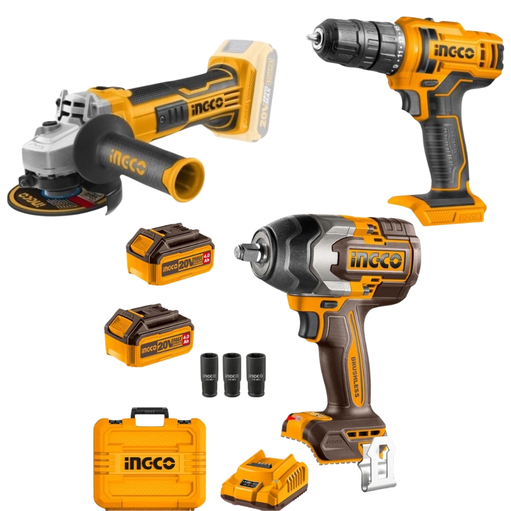 Ingco – Impact Wrench, Grinder & Cordless Drill with Batteries & Charger