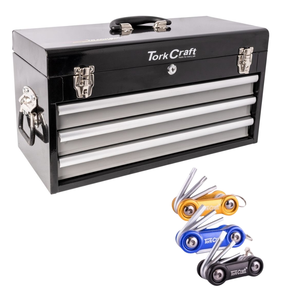 Tork Craft – Toolbox 154 Pce 3 Drawer & Aluminium Mini Folding Key 3pc Set
