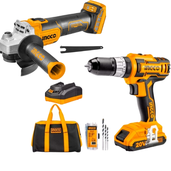 Ingco – Cordless Drill and Grinder with 2.0 Battery, Charger & Tool Bag