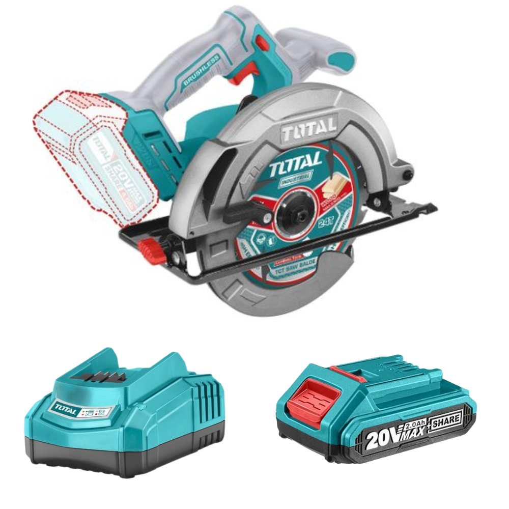 Total Tools – Li-ion Circular Saw – 20V – 185mm with 2.0Ah Battey & Charger