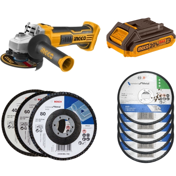 Ingco – Cordless Angle Grinder, 2.0Ah Battery and Charger with 20 Discs