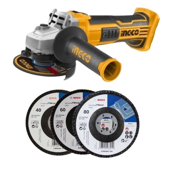 Ingco – Lithium-Ion Angle Grinder (20V) with Metal Flap Discs 7/8/9 – Kit
