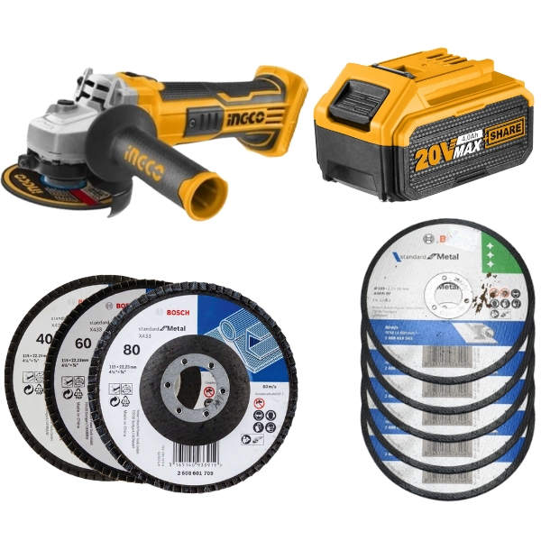 Ingco – Lithium Angle Grinder with 4.0 Ah Combo and Discs -kit