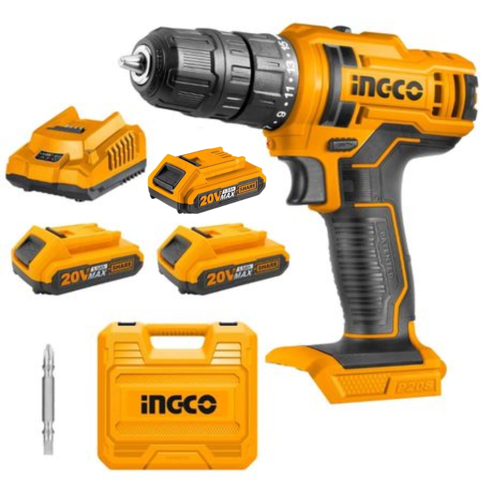 Ingco – Li-Ion Cordless Drill (20V) with Charger & 3 x 1.5Ah Batteries