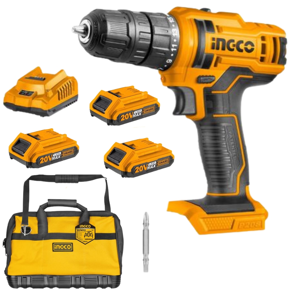 Ingco – Li-Ion Cordless Drill (20V) with Charger & 3x 1.5Ah Batteries + Bag