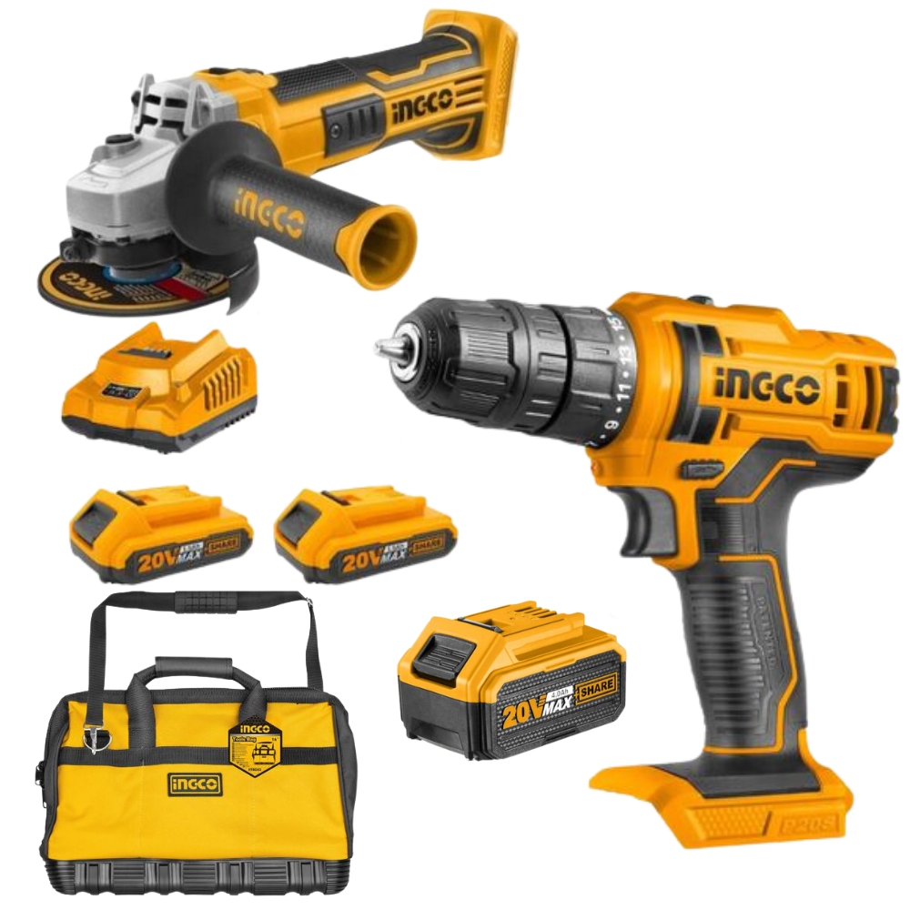 Ingco – Cordless Drill and Angle Grinder with Charger and Batteries + Bag