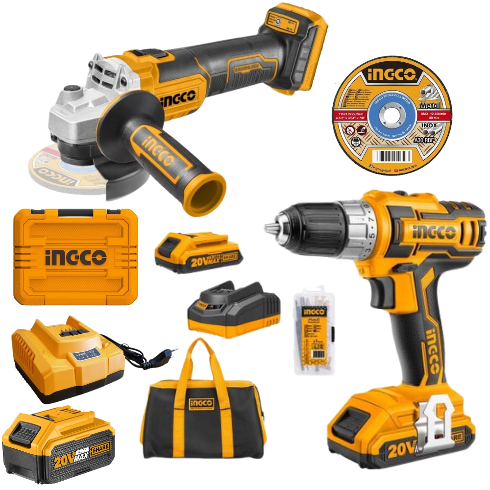 Ingco – Cordless Angle Grinder – 115Mm & Cordless Dril With Accessory Set