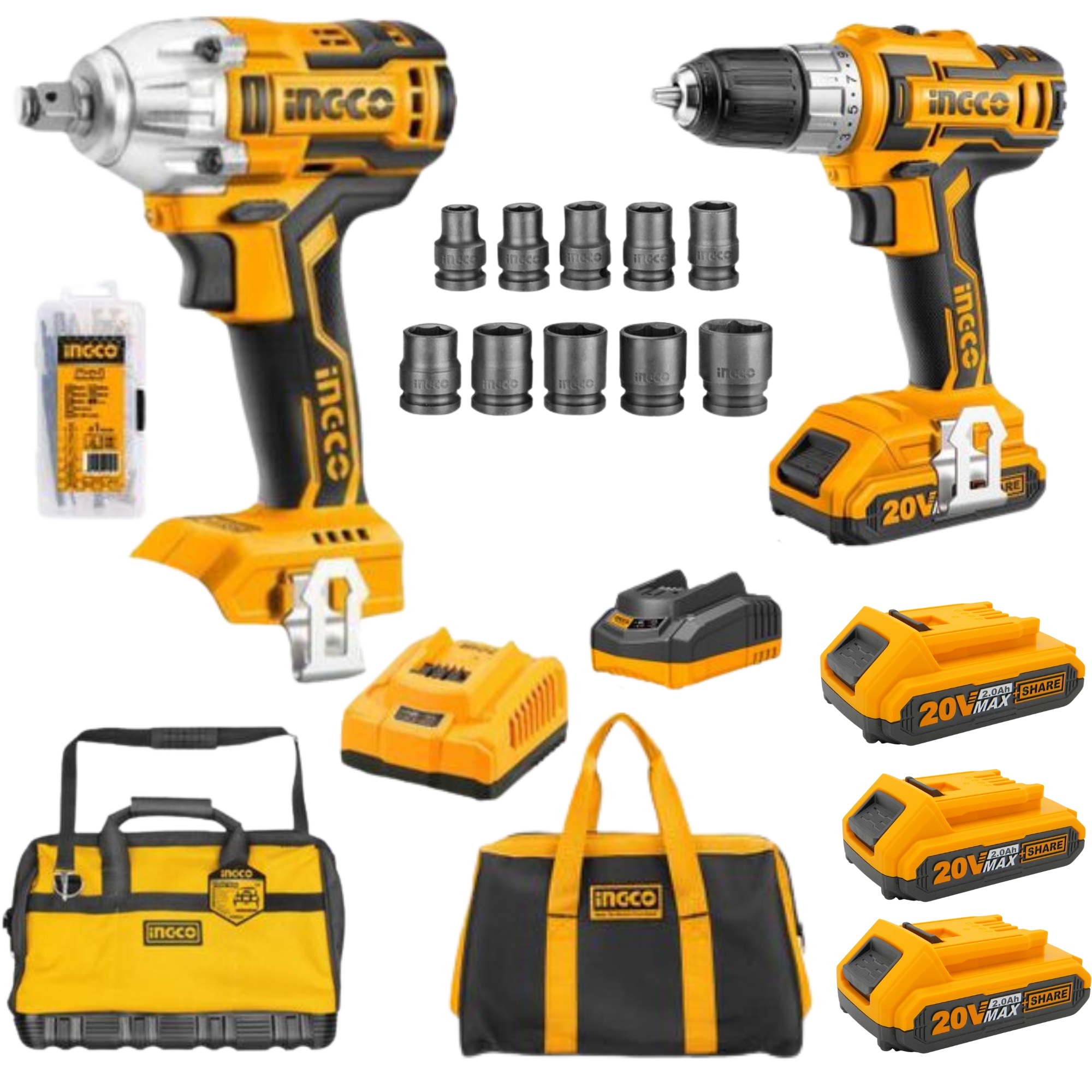 Ingco – Cordless Drill & Impact Wrench with Accessories,Socket Set & bag