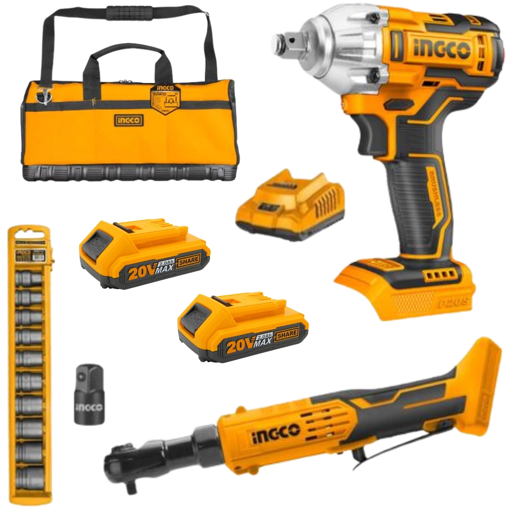 Ingco – Cordless Impact Wrench & Ratchet + Batteries, Charger, Socket & Bag