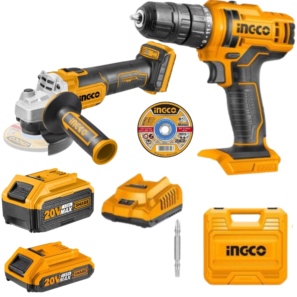 Ingco – Li-Ion Cordless Drill & Angle Grinder with 4.0Ah Battery & 10x Disc