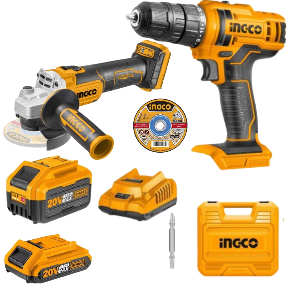 Ingco – Li-Ion Cordless Drill & Angle Grinder with 7.5Ah Battery & 10x Disc