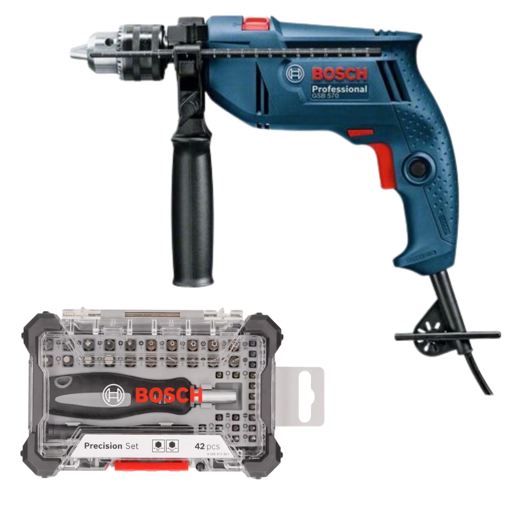 Bosch – Impact Drill (GSB 570) with Precision Screwdriver Bit Set – 42 Pcs