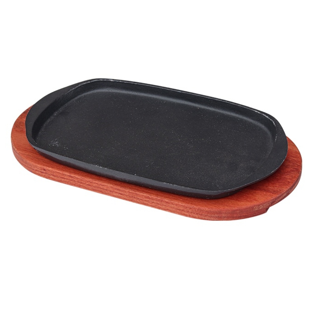 Steak Plate & Wooden Base – Enameled – 310 x 200mm