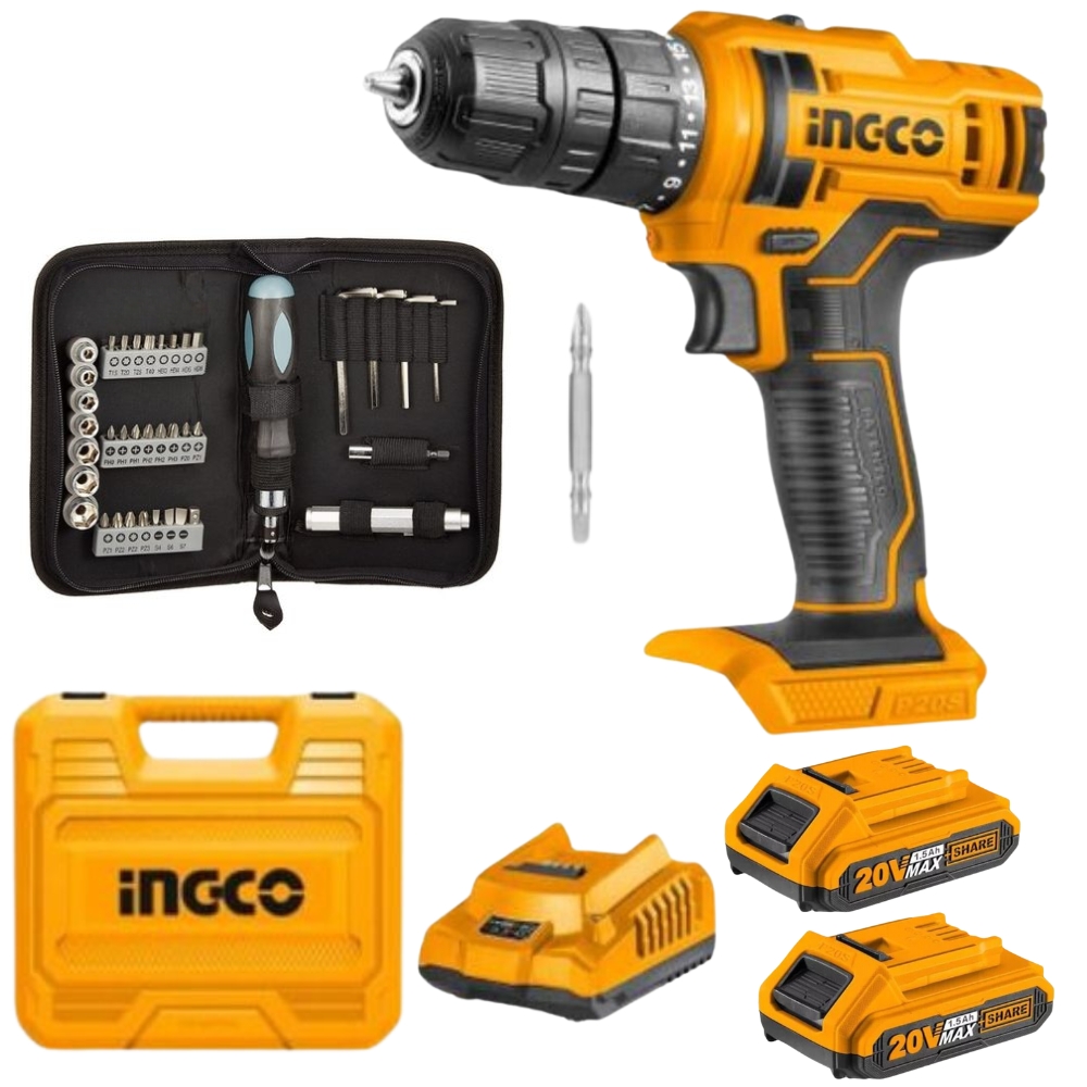 Ingco – Li-Ion Cordless Drill with Mixed Screwdriver Set – 38 Pc